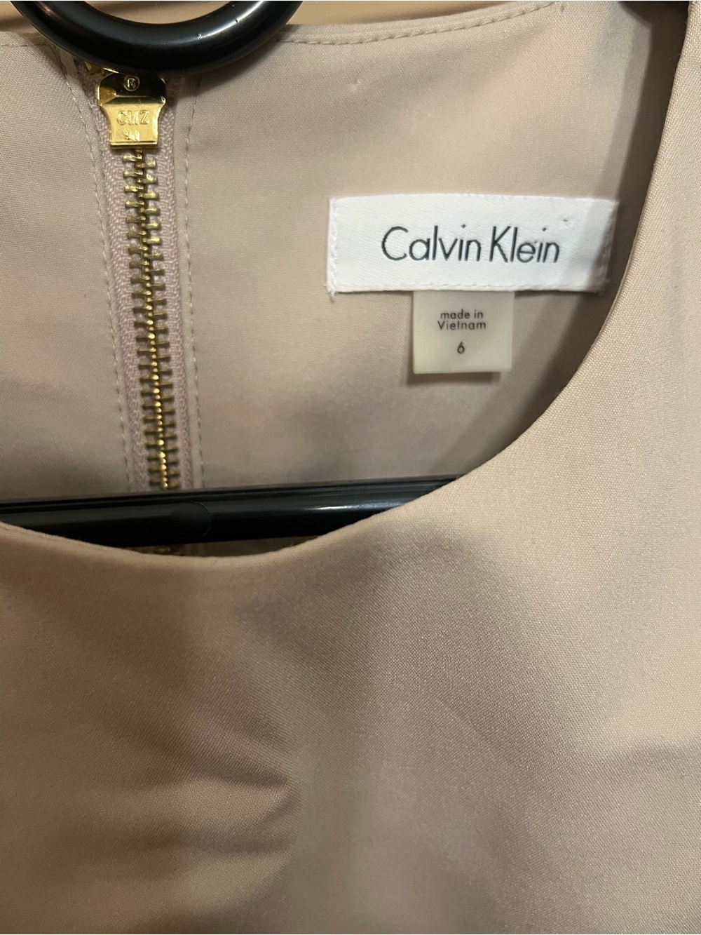 Calvin Klein Round Neck Sheath Dress in Blush Beige with Gold Zip
